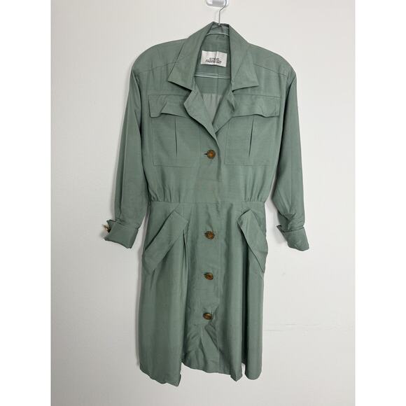 Vintage 80s Steve Fabrikant 100% Silk Safari Trench Coat Sage Green 10 USA Made